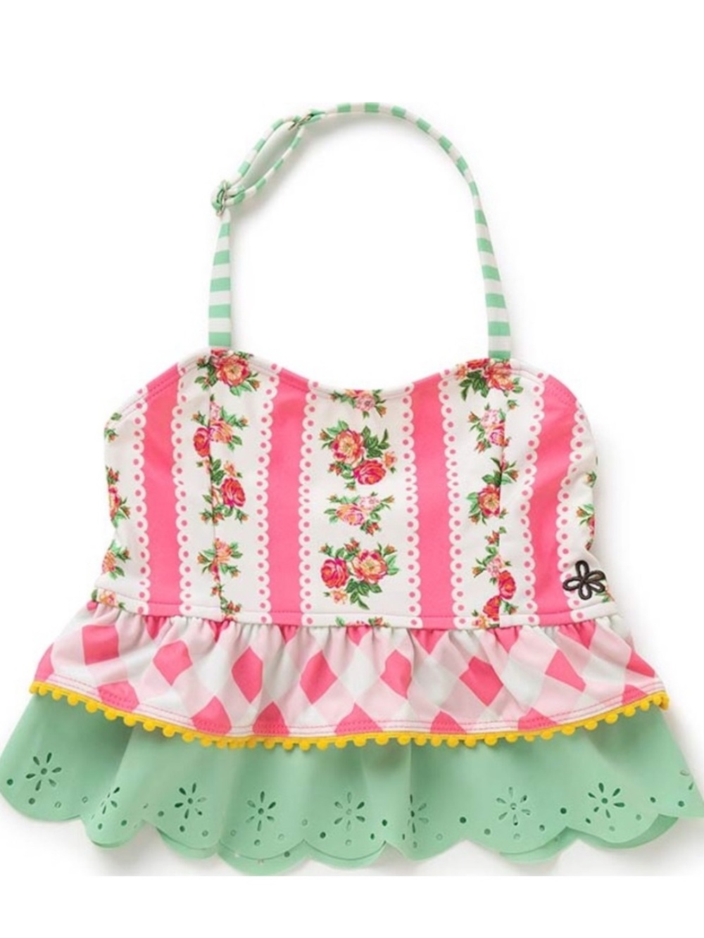 Matilda Jane Pink Floral & Mint Striped Tiered Swim Top with Yellow Trim